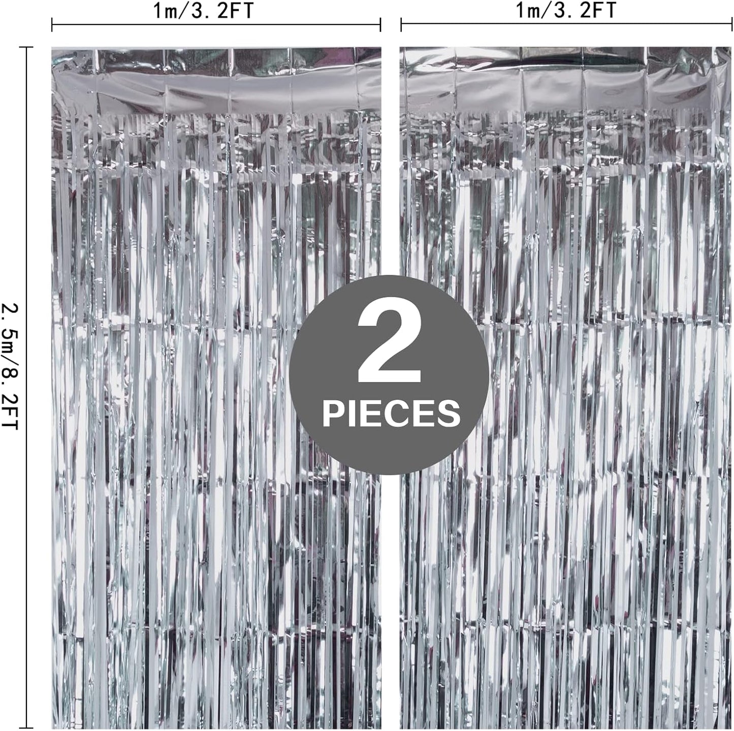 2 Pack 3.2ft x 8.2ft Silver Metallic Tinsel Foil Fringe Curtains, Door Streamer Photo Booth Backdrop for Birthday Graduation Engagement Bridal Shower Bachelorette Baby Shower Party Decorations