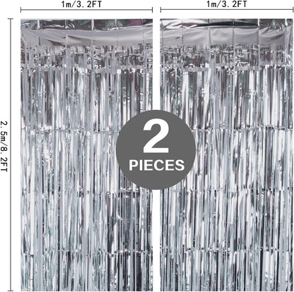 2 Pack 3.2ft x 8.2ft Silver Metallic Tinsel Foil Fringe Curtains, Door Streamer Photo Booth Backdrop for Birthday Graduation Engagement Bridal Shower Bachelorette Baby Shower Party Decorations