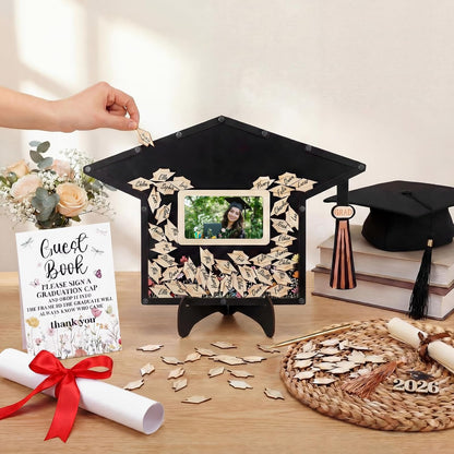 Yalikop 84 Pcs Wildflower Graduation Guest Book Alternative 2026 Graduation Signature Grad Cap Signing Frame with 80 Wood Slices, Pen & Stand Grad Keepsake Gift for High School College Party