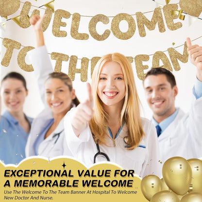 Fulmoon Pre Strung Welcome to The Team Banner with Two Heart Signs, NO DIY, Glitter Welcome Party Supplies for New Employee, Coworker, Colleague, Staff, Team Member Office Decorations(Champagne Gold)