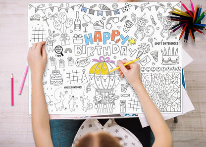 Happy Birthday Coloring Paper Tablecloth Poster 31 * 43" Wall Coloring Tablecloth Animals Drawing Paper Table Cover for Home Birthday Party Kindergarten Classroom Group Activities