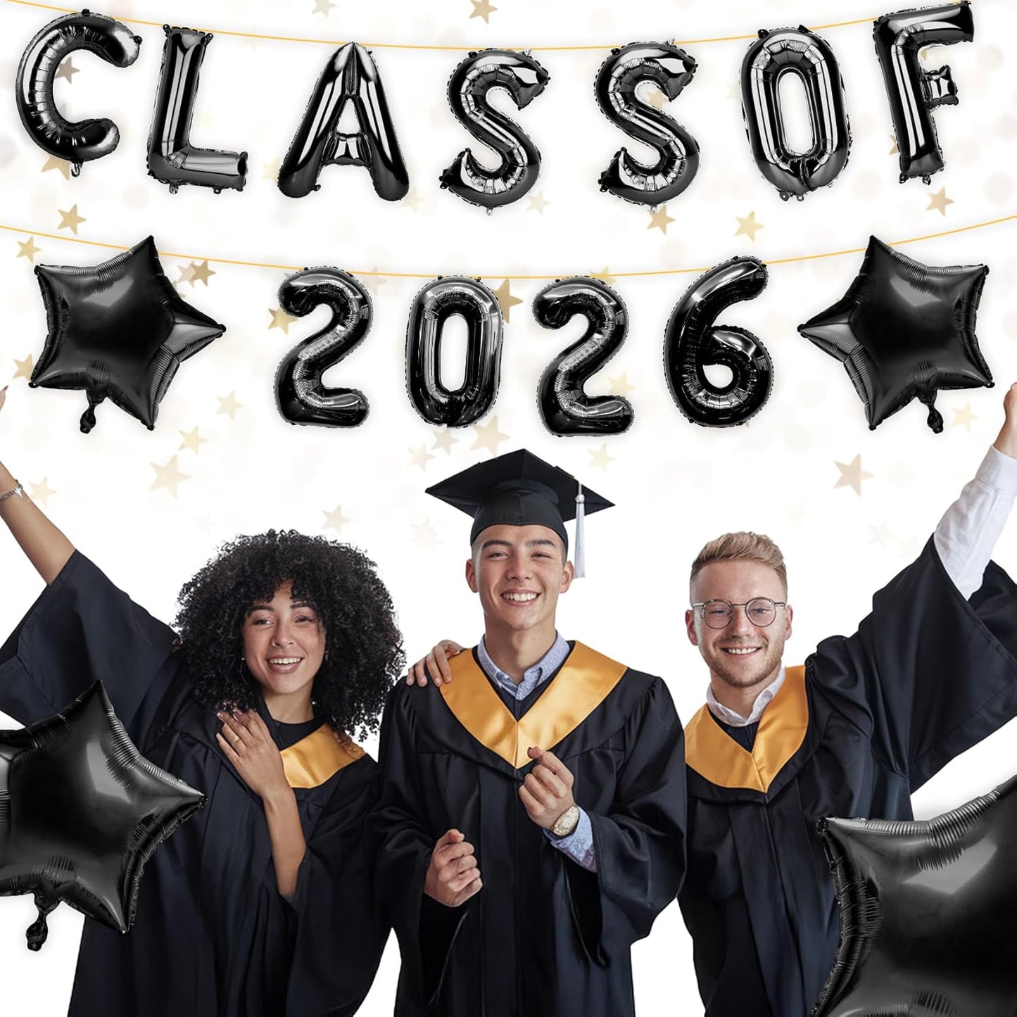 Graduation Balloons, Class of 2026 Balloons, 16Inch Gold Grad Class of 2026 Letters Foil Balloon Sign with Star Balloons, Class of 2026 Decorations for High School College Graduation Party Decorations
