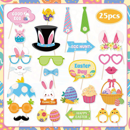 HOWAF Easter Photo Booth Props, 25pcs Happy Easter Party Decorations Photoshoot Props with Photo Frame, Egg Bunny Selfie Props for Spring Easter Photography