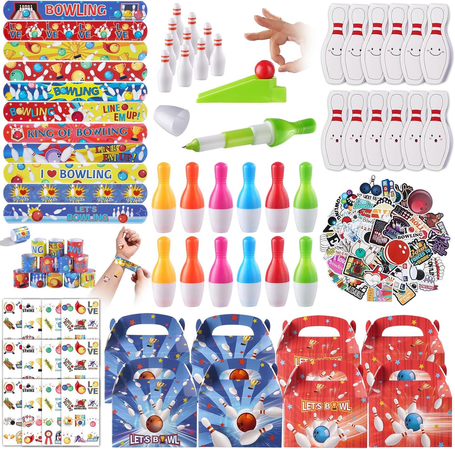 Vanblue 122 Pcs Bowling Party Favors Set Gift Birthday Decorations for Kids Classroom Rewards Mini Bowling Game Toy Set, Ballpoint Pen Goodie Bag Fillers and School Prizes
