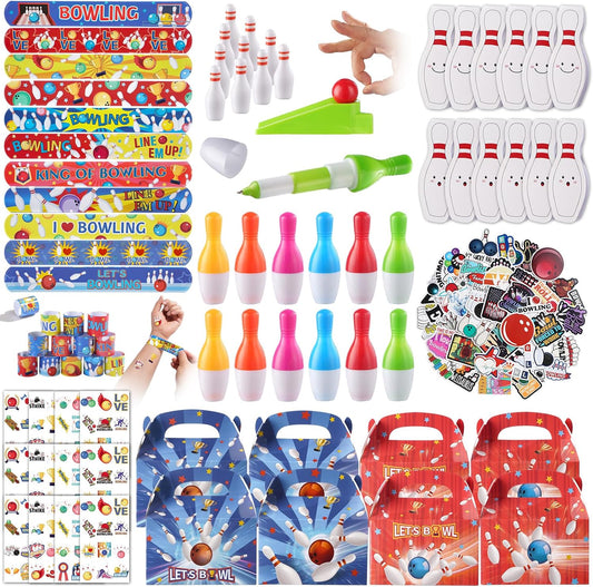 Vanblue 122 Pcs Bowling Party Favors Set Gift Birthday Decorations for Kids Classroom Rewards Mini Bowling Game Toy Set, Ballpoint Pen Goodie Bag Fillers and School Prizes