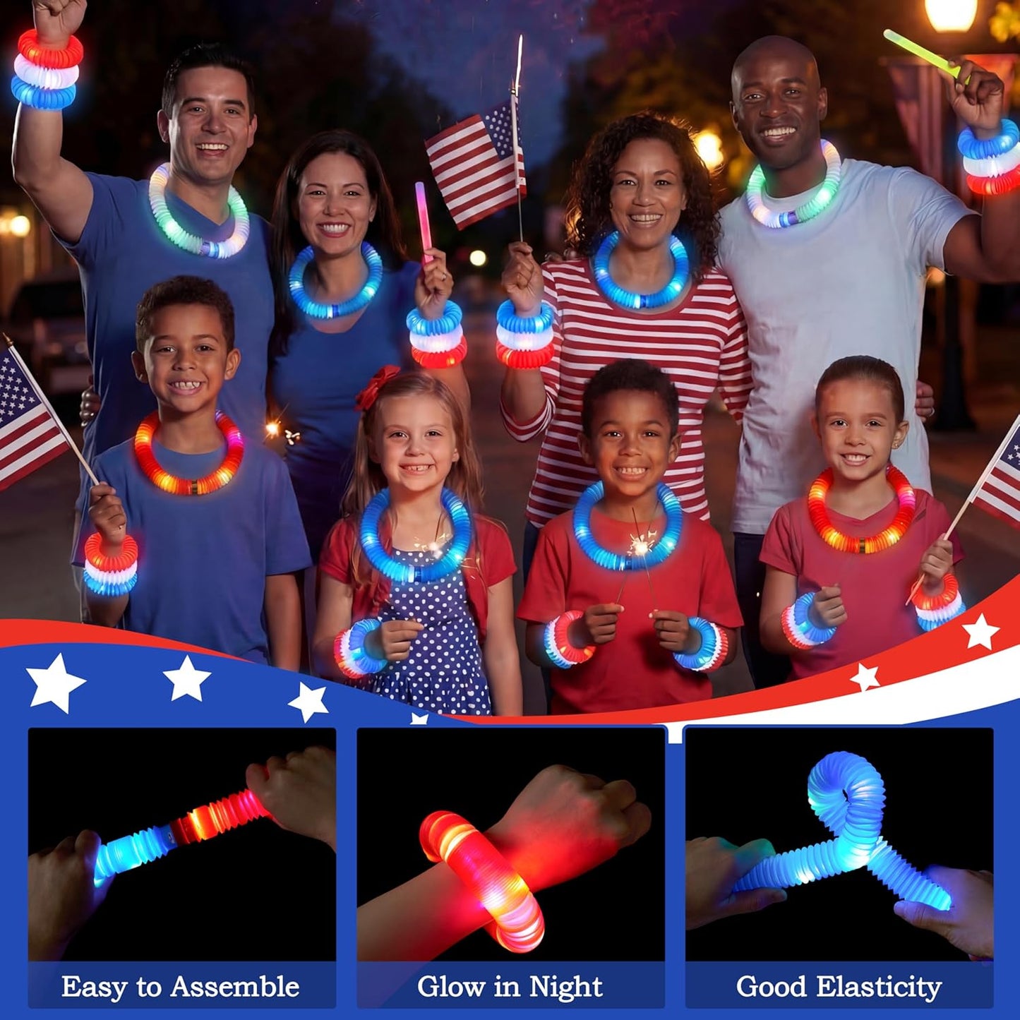 JOYIN 12 PCS 4th of July Red White Blue Glow Sticks & Light Up Pop Tubes, Patriotic Glow Toys Light up Bracelet Necklace, Independence Day Party Favors Supplies for Parade, Camp Games & Activities