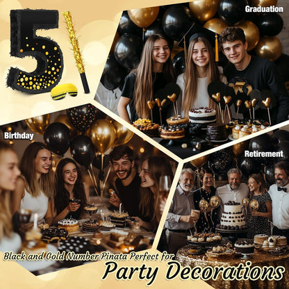 Poen Pinata for Birthday Party Decorations Black Gold Pinata with Blindfold Stick Confetti and Eye Mask for Party Supply Anniversary Baby Shower Retirement Supplies(Number 5)
