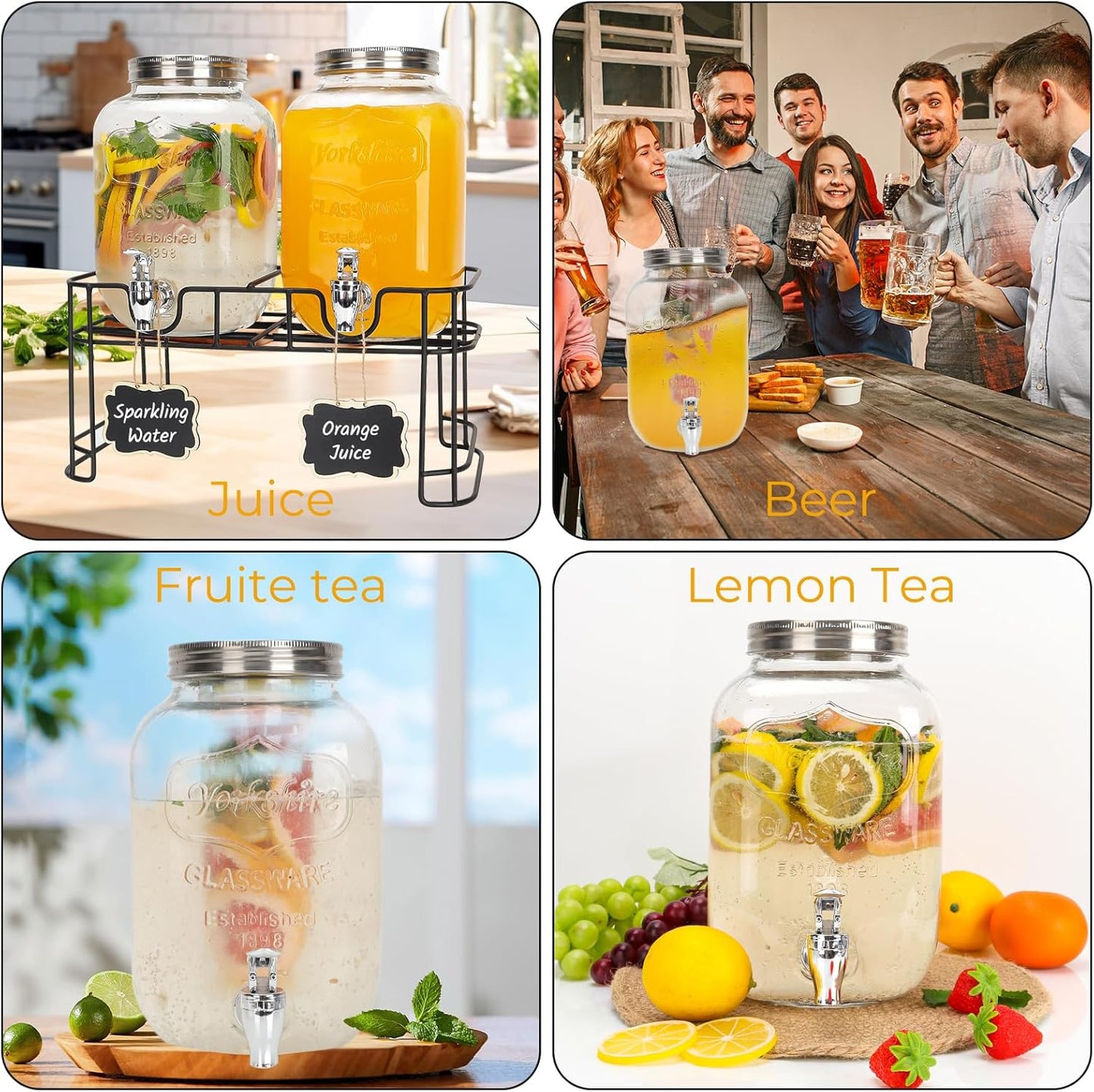 Glass Drink Dispensers For Parties, 2 PACK 1 Gallon Beverage Dispenser With Wooden Lids, Metal Stand And Spigot 100% Leak proof. Lemonade Dispenser With Chalk board