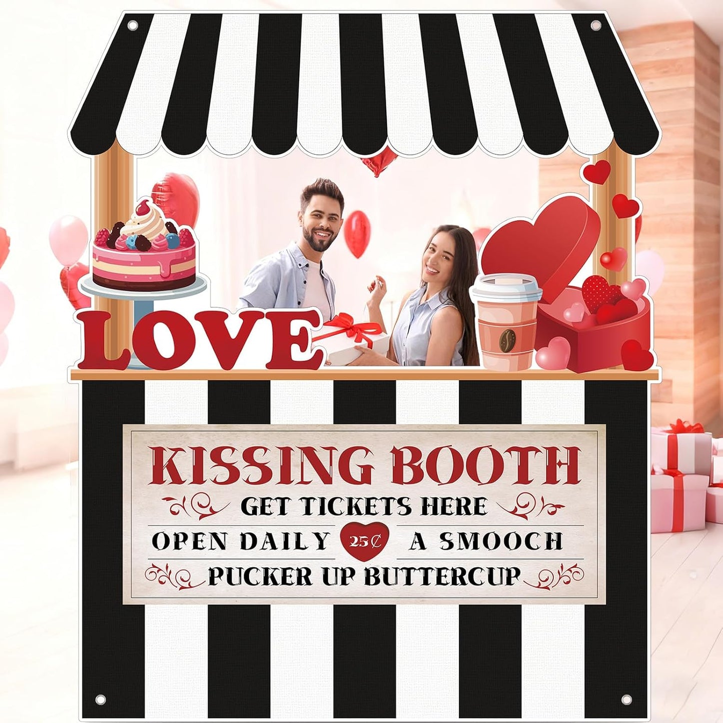 Valentine's Day Kissing Booth Backdrop Photo Prop Selfie Frame Movie Party Decor Black & White Love Theme Decoration Fabric Photo Backdrop for Holiday Event Carnival Party Celebration 71.3x59.6 Inch