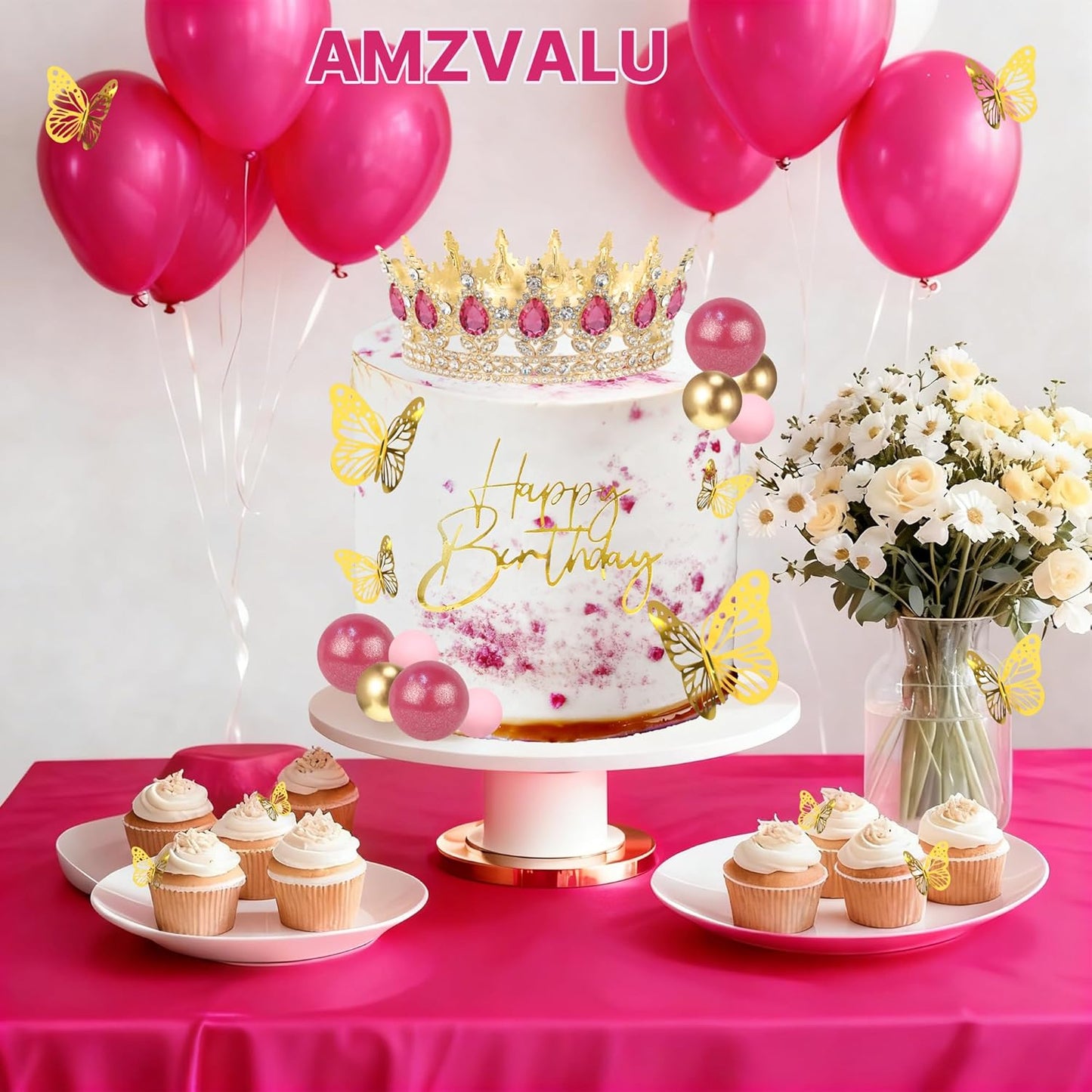 Crown Cake Topper, Balls Happy Birthday Cake Topper Pink Crown Birthday Candles Gold Butterflies, Corona Para Pastel, Cake Decorations for Birthday Wedding (Gold, Pink)