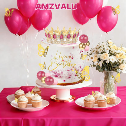 Crown Cake Topper, Balls Happy Birthday Cake Topper Pink Crown Birthday Candles Gold Butterflies, Corona Para Pastel, Cake Decorations for Birthday Wedding (Gold, Pink)