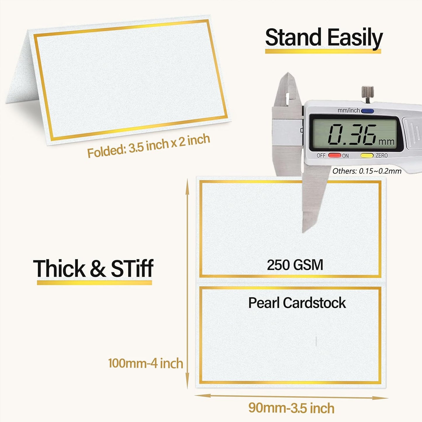 100 Pack Gold Table Cards Place Cards Name Cards for Table Setting, 250g Pearled Table Tents Name Tents, Avery Place Cards for Wedding, Meeting, Party, Reserved Seating Sign (Gold)