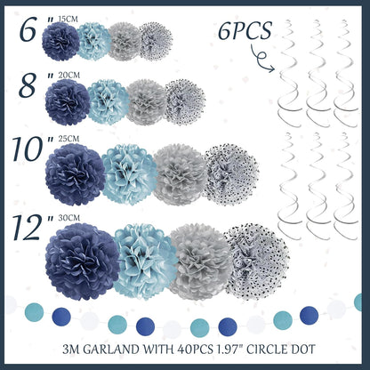 Tissue Paper Pom Poms - 23 PCS Dusty Blue Paper Flowers Pom Pom Kit Circle Dot Party Banner Hanging Swirl Party Decorations for Wedding Birthday Baby Shower Bridal Shower Tea Party
