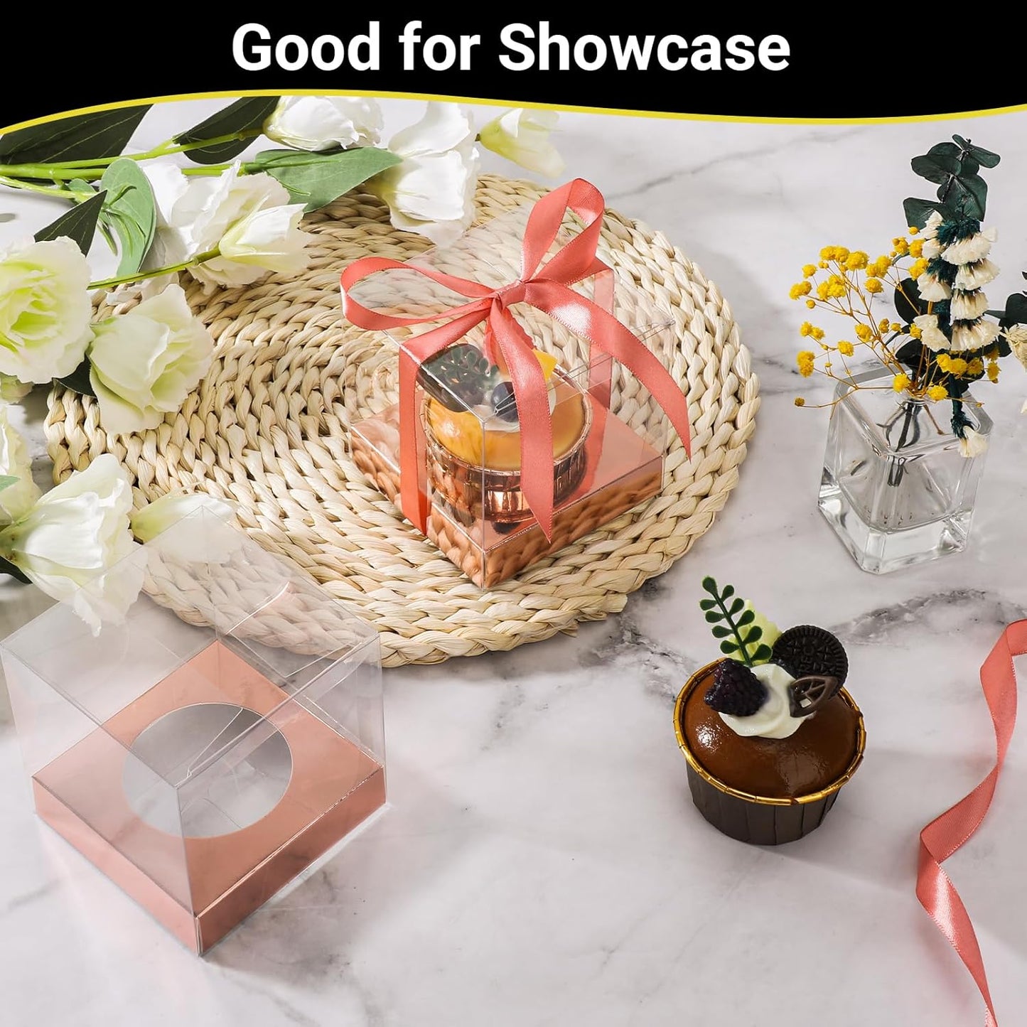 EUSOAR Individual Cupcake Holder, 50pcs 3.5 Inch Plastic Black Cupcake Containers with Lids, Single Transparent Display Clear Cupcake Carrier with Ribbon and Inserts for Wedding Party Favor