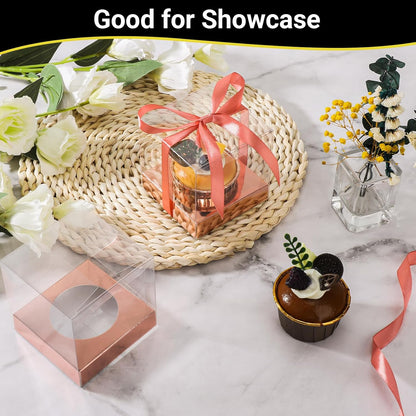 EUSOAR Individual Cupcake Holder, 50pcs 3.5 Inch Plastic Black Cupcake Containers with Lids, Single Transparent Display Clear Cupcake Carrier with Ribbon and Inserts for Wedding Party Favor