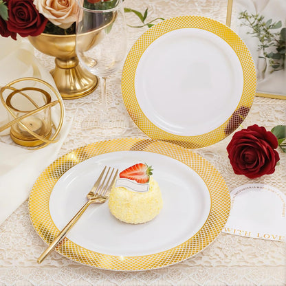 I00000 102 Pieces Gold Plastic Plates, Disposable Party Plates White Gold Rim, 51 Disposable Gold Dinner Plates 10.25 Inch and 51 Disposable Dessert Appetizer Elegant Fancy Wedding Plates 7.5 Inch
