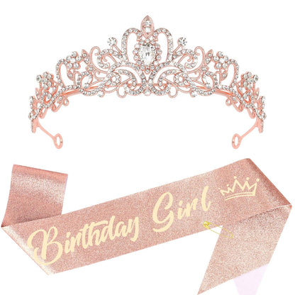 CIEHER Birthday Girl Crown and Sash - Rose Gold Tiara Birthday Decorations for Women and Girls