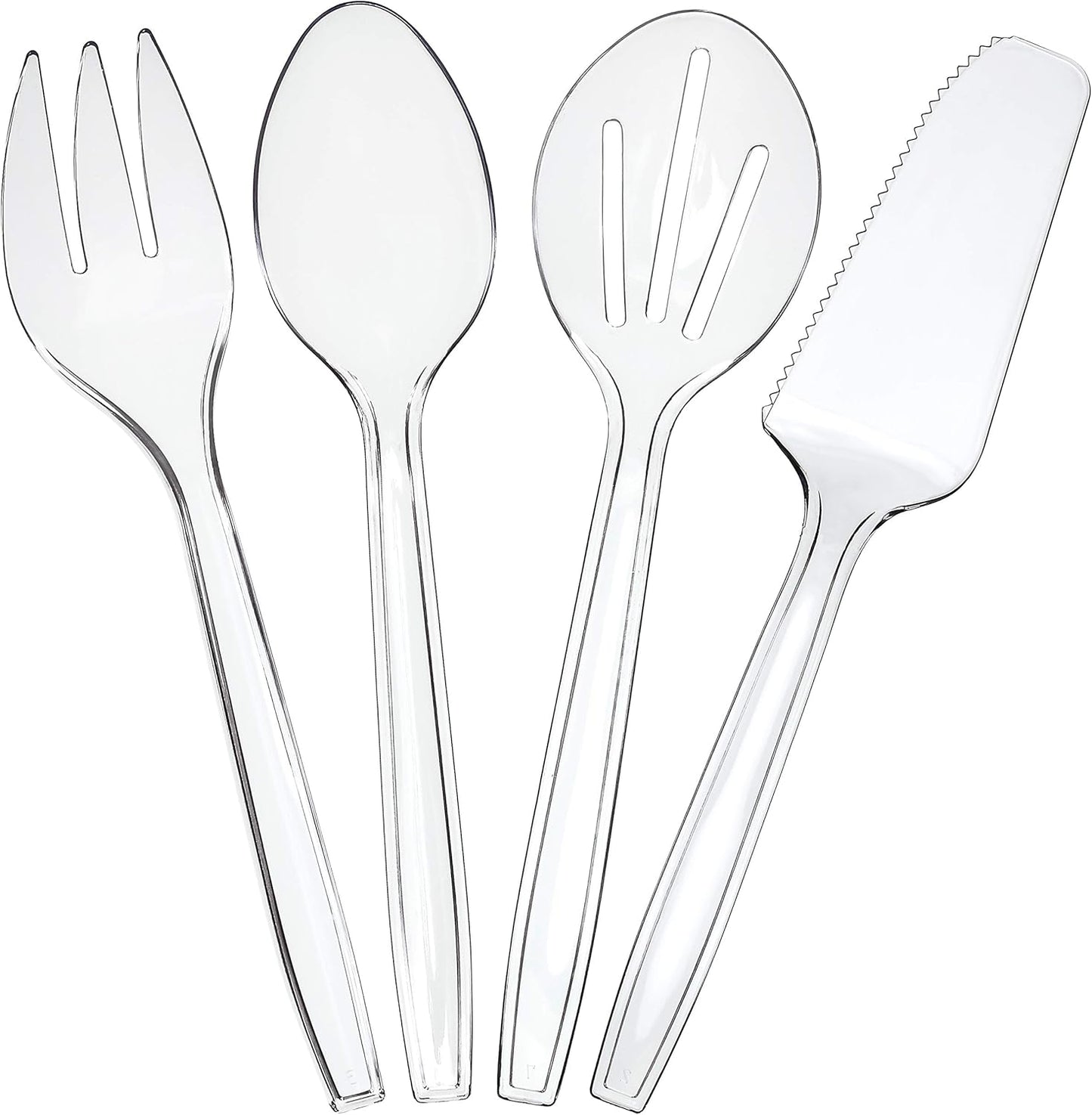 Plasticpro Disposable Plastic Serving Utensils Set of 12, 3 Spoons, 3 Forks 3 Knives, 3 Sifting Spoons, Clear Heavyweight