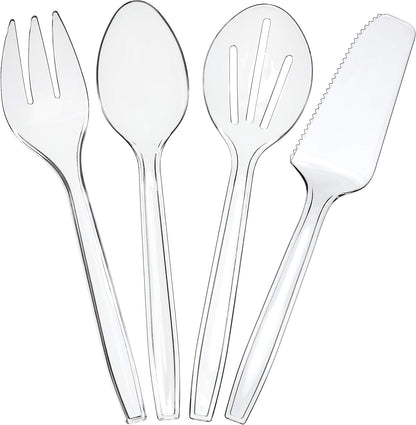 Plasticpro Disposable Plastic Serving Utensils Set of 12, 3 Spoons, 3 Forks 3 Knives, 3 Sifting Spoons, Clear Heavyweight
