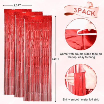 Voircoloria 3 Pack 3.3x8.2 Feet Gold Foil Fringe Backdrop Curtains, Tinsel Streamers, Fringe Backdrop for 2025 New Years Eve, Graduation, Birthday, Baby Shower, Gender Reveal, Disco Party - Colors B