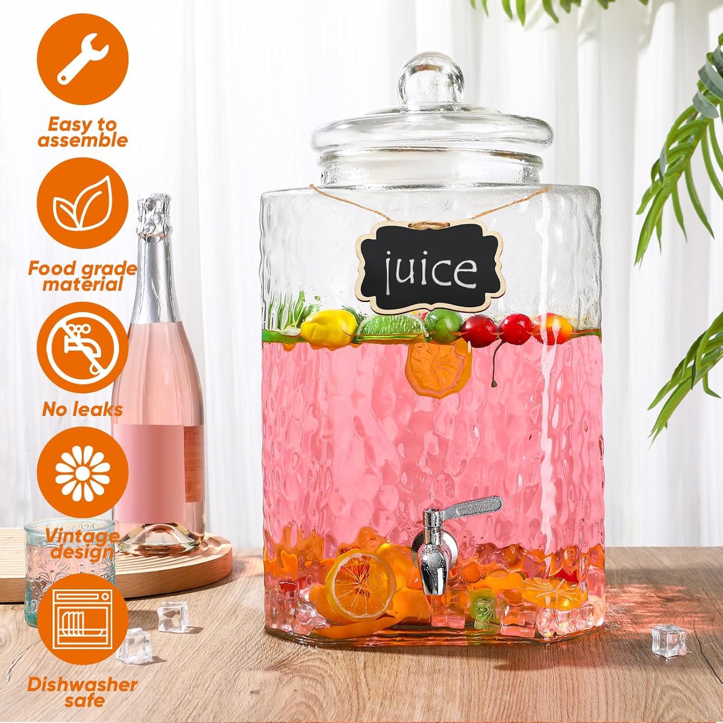 Baderke 5 Gallon Glass Drink Dispenser for Parties Beverage Dispensers Glass Water Dispenser with18/8 Stainless Steel Leakproof Spigot Hanging Chalkboard Signs Pen for Party Wedding (Fashion Style)