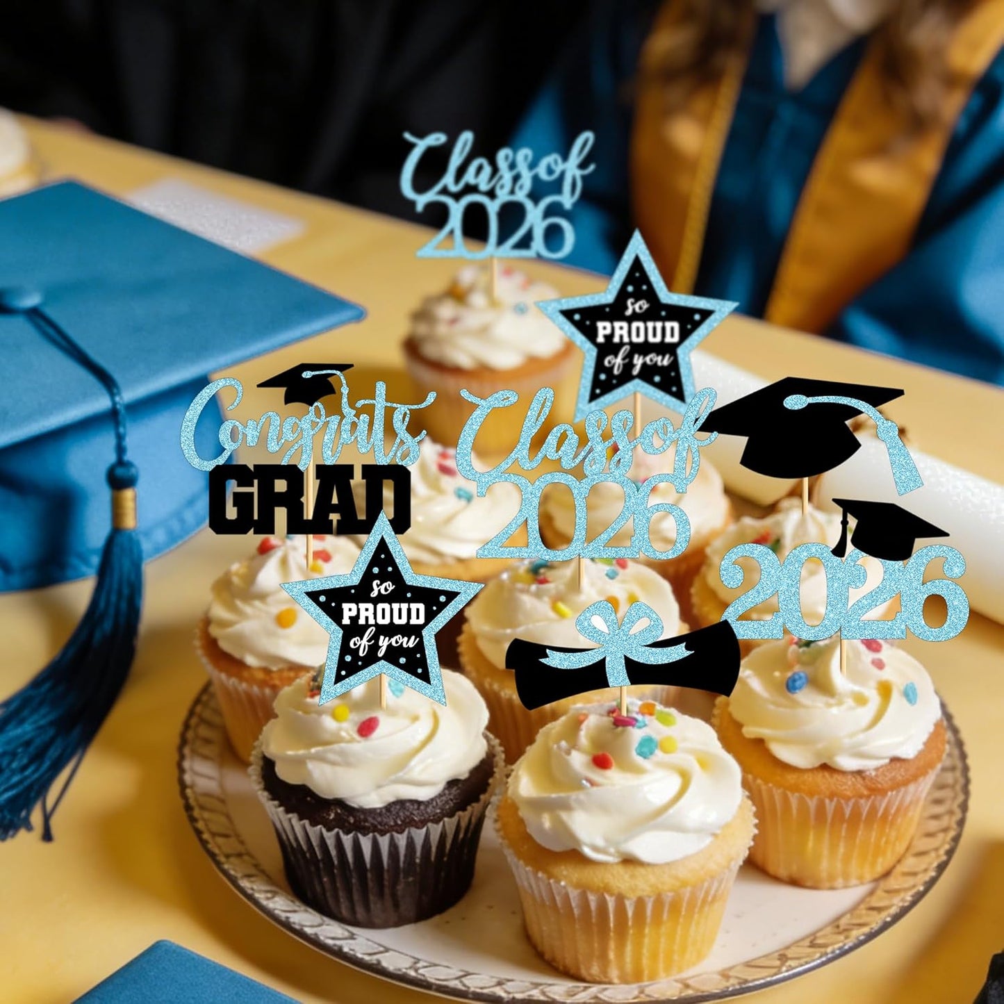 48 PCS Graduation Cupcake Toppers, Glittery 6 Styles Congrats Grad Cake Topper, Black and Red Graduation Decorations 2026, Cap and Diploma Cake Picks for Grad Party Supplies