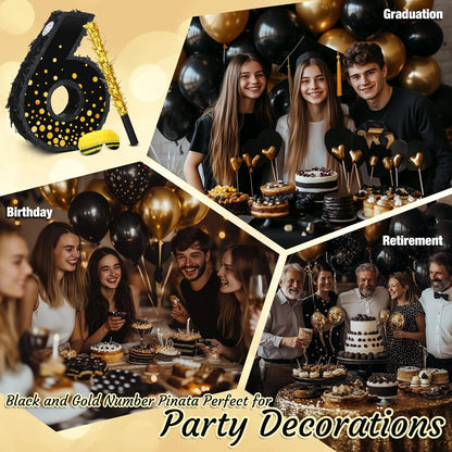 Poen Pinata for Birthday Party Decorations Black Gold Pinata with Blindfold Stick Confetti and Eye Mask for Party Supply Anniversary Baby Shower Retirement Supplies(Number 5)