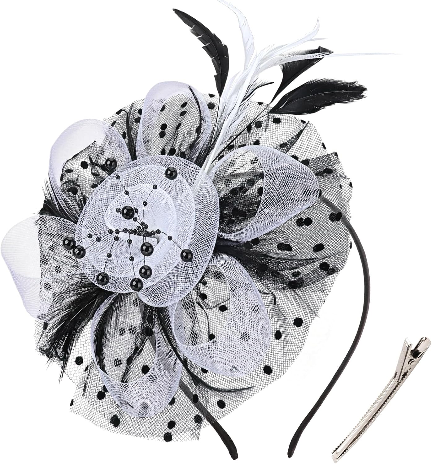 DRESHOW Fascinators Hat Flower Mesh Ribbons Feathers on a Headband and a Clip Tea Party Headwear for Girls and Women - Colors B