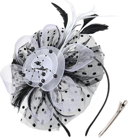 DRESHOW Fascinators Hat Flower Mesh Ribbons Feathers on a Headband and a Clip Tea Party Headwear for Girls and Women - Colors B