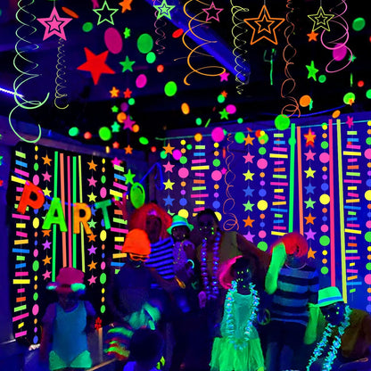 56 Pieces Rainbow Hanging Swirl Decorations Neon Swirl Streamers UV Neon Garland Ceiling Decorations Glow in The Dark Neon Party Supplies and Decorations Black Light Party Kit for Birthday Wedding
