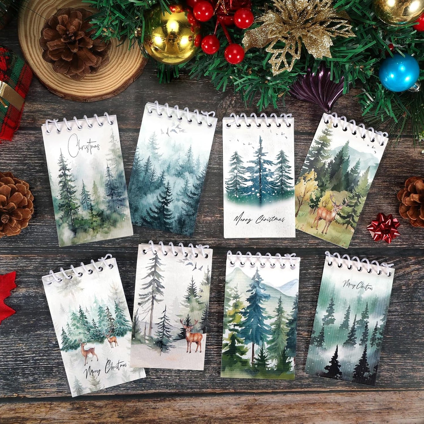 Konsait Christmas Tree Notepads, Watercolor Pine Tree Mini Spiral Notebooks Xmas Note Pads Message Reminder for Christmas Office Supplies Christmas School Party Favors (8 Pieces)