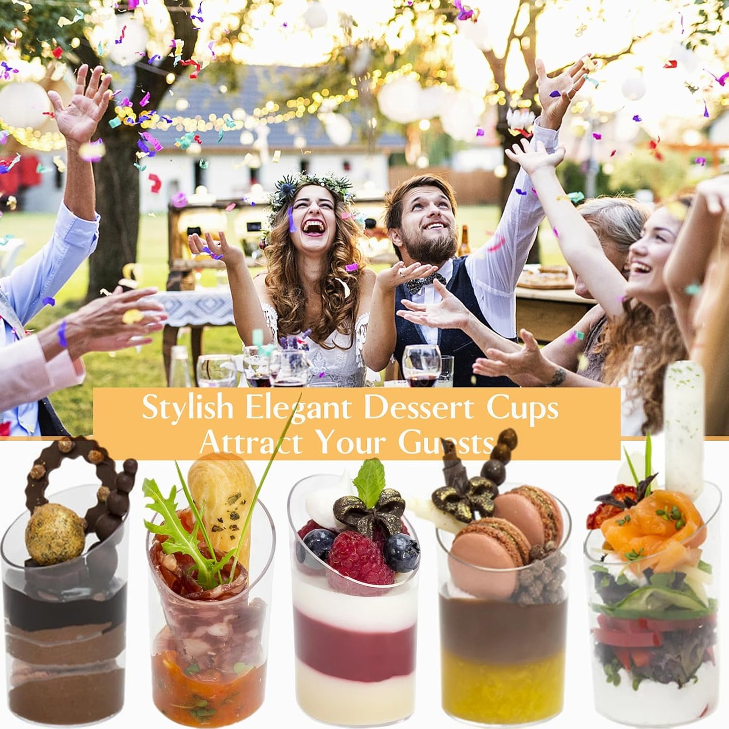 TOFLEN 100 Pack Mini Dessert Cups with Spoons, 2.2 oz Round Plastic Dessert Shooter Cups Slanted Appetizer Cups for Party Serving Jello Parfait Triffle