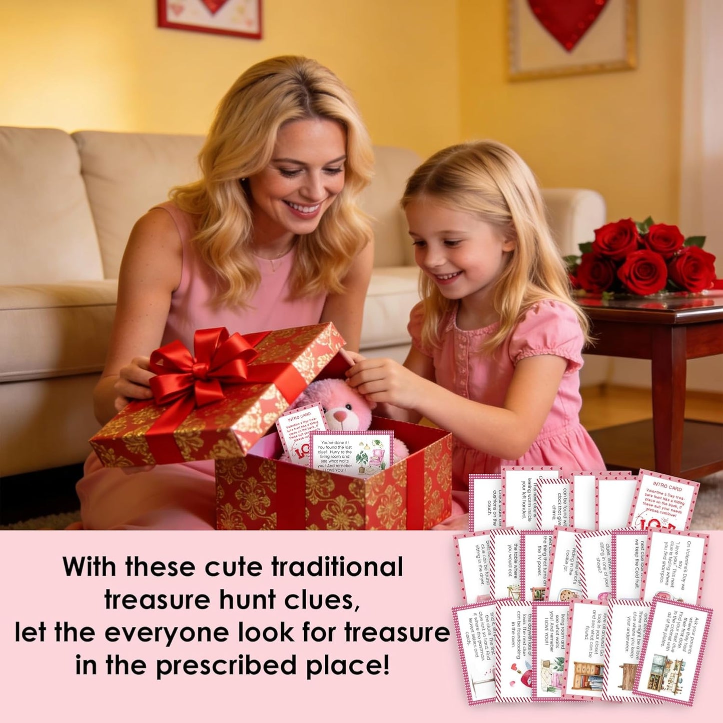 Valentine's Day Treasure Hunt Clue Card, Set of 19 Cards and 22 Envelopes, Indoor Scavenger Hunt Clues, Holiday Activity Celebration Anniversary Party Game, xbg01