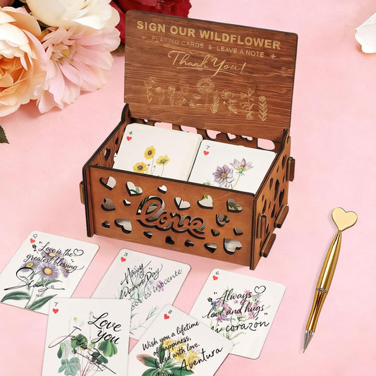 54 PCS Personalized Wedding Guest Book Alternative, Floral Wedding Guest Playing Cards Set with Wooden Openwork Storage Box, Wildflower Wedding Book Ideas, Guest Card Deck for Wedding Bridal Shower