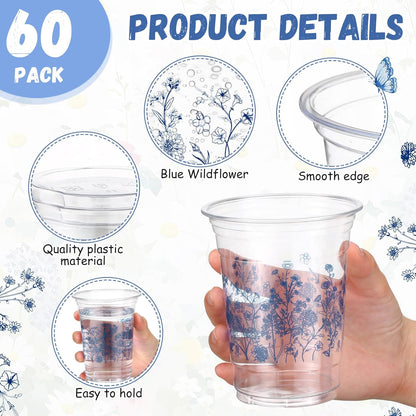Hushee 60 Pcs Purple Floral Cups with Spring Summer Flower 16 oz Wildflowers Plastic Disposable Drinking Cups for Summer Spring Birthday Baby Shower Wedding Party Supplies