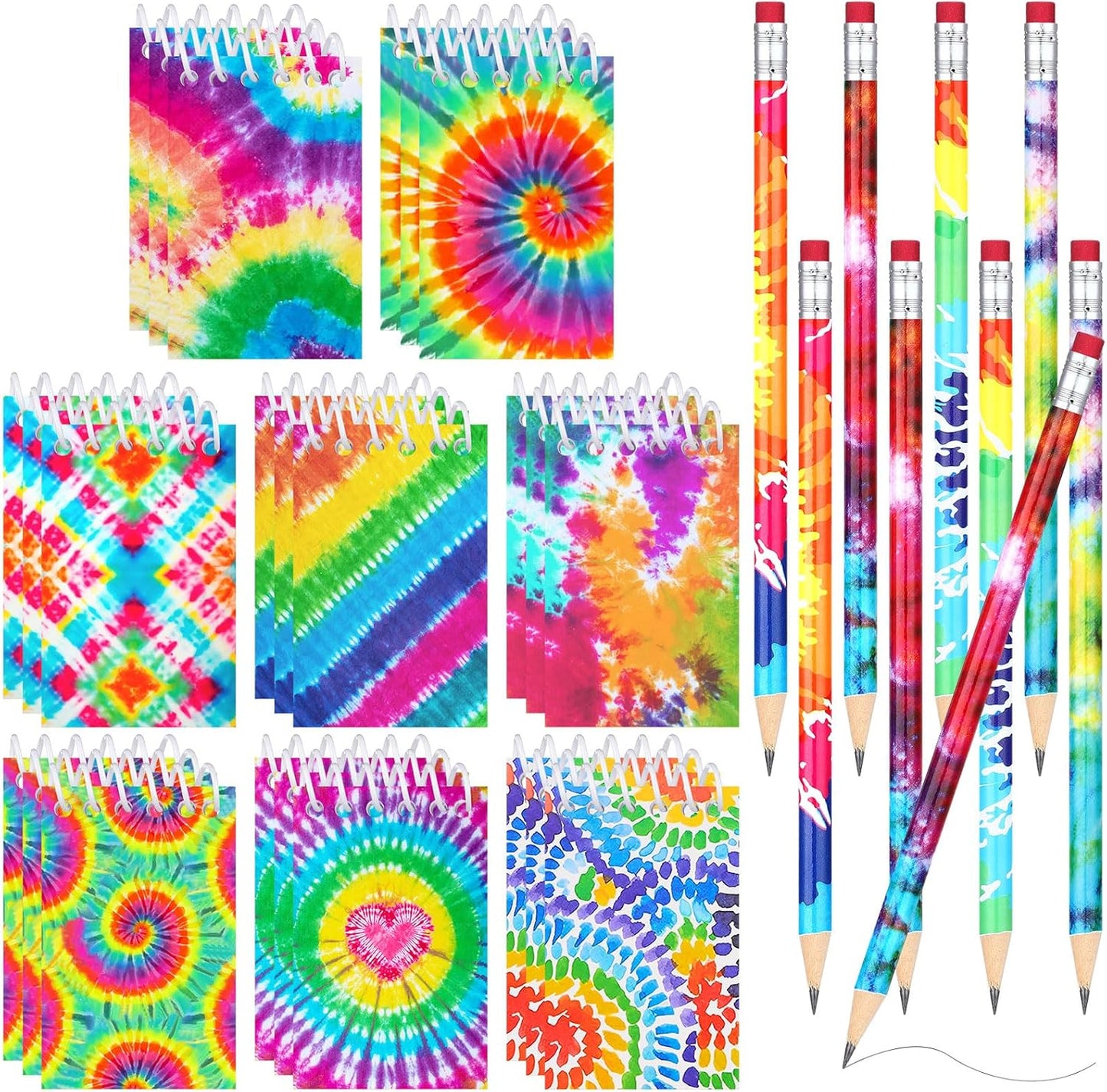 Honoson 48 Pcs Mini Tie Dye Notepads for Pocket Little Notepads Spiral Mini Notebooks, Small Note Pads and Pencils Bulk Tie Dye Birthday Party Favor Art Supplies(Light)