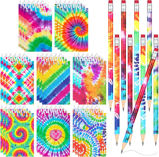Honoson 48 Pcs Mini Tie Dye Notepads for Pocket Little Notepads Spiral Mini Notebooks, Small Note Pads and Pencils Bulk Tie Dye Birthday Party Favor Art Supplies(Light)