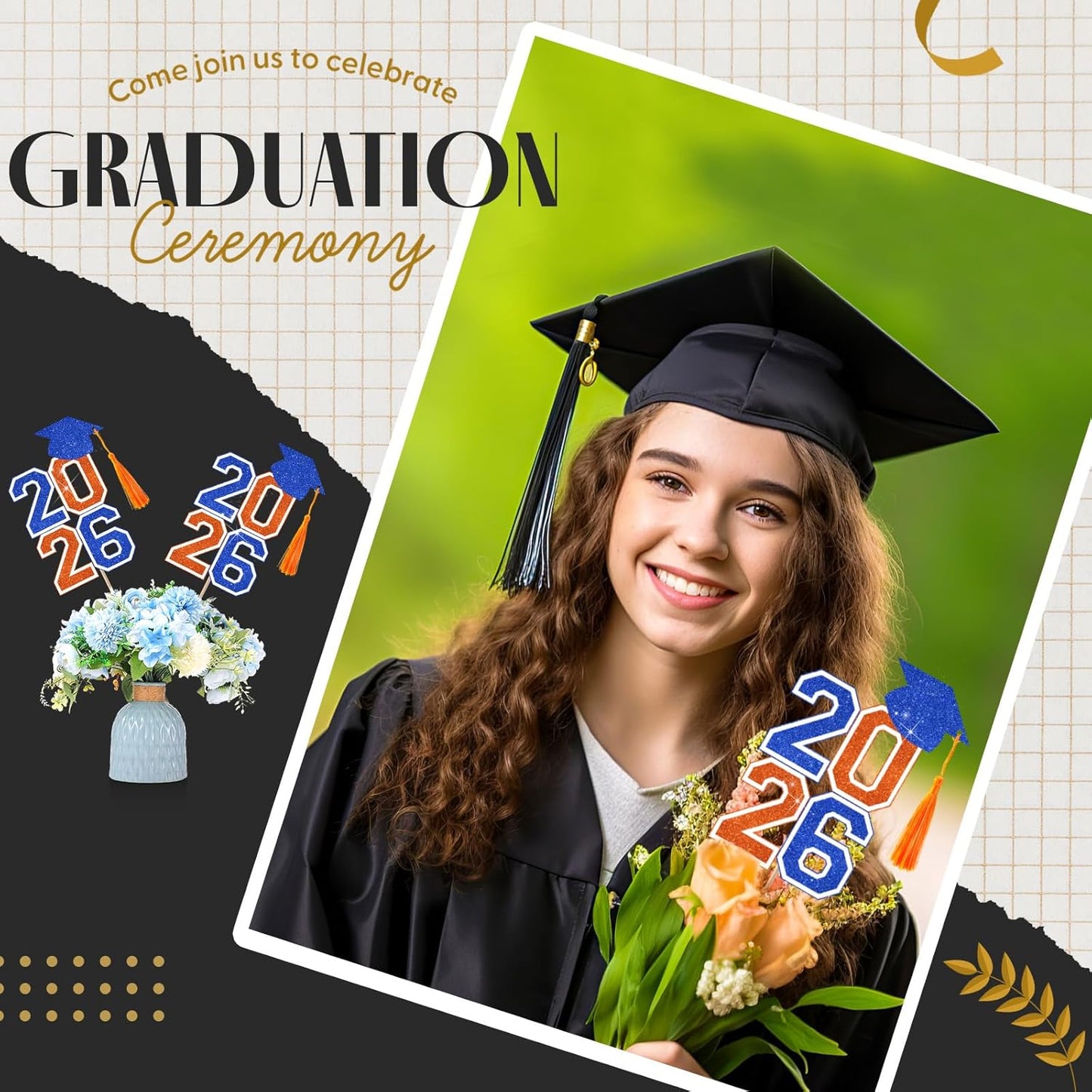 10 Pcs Graduation Table Centerpieces Sticks with Tassels, class of 2026 Grad Cap Picks Table Decoration Cupcake Toppers for Party Centerpiece Decoration Supplies(Blue and Gold)
