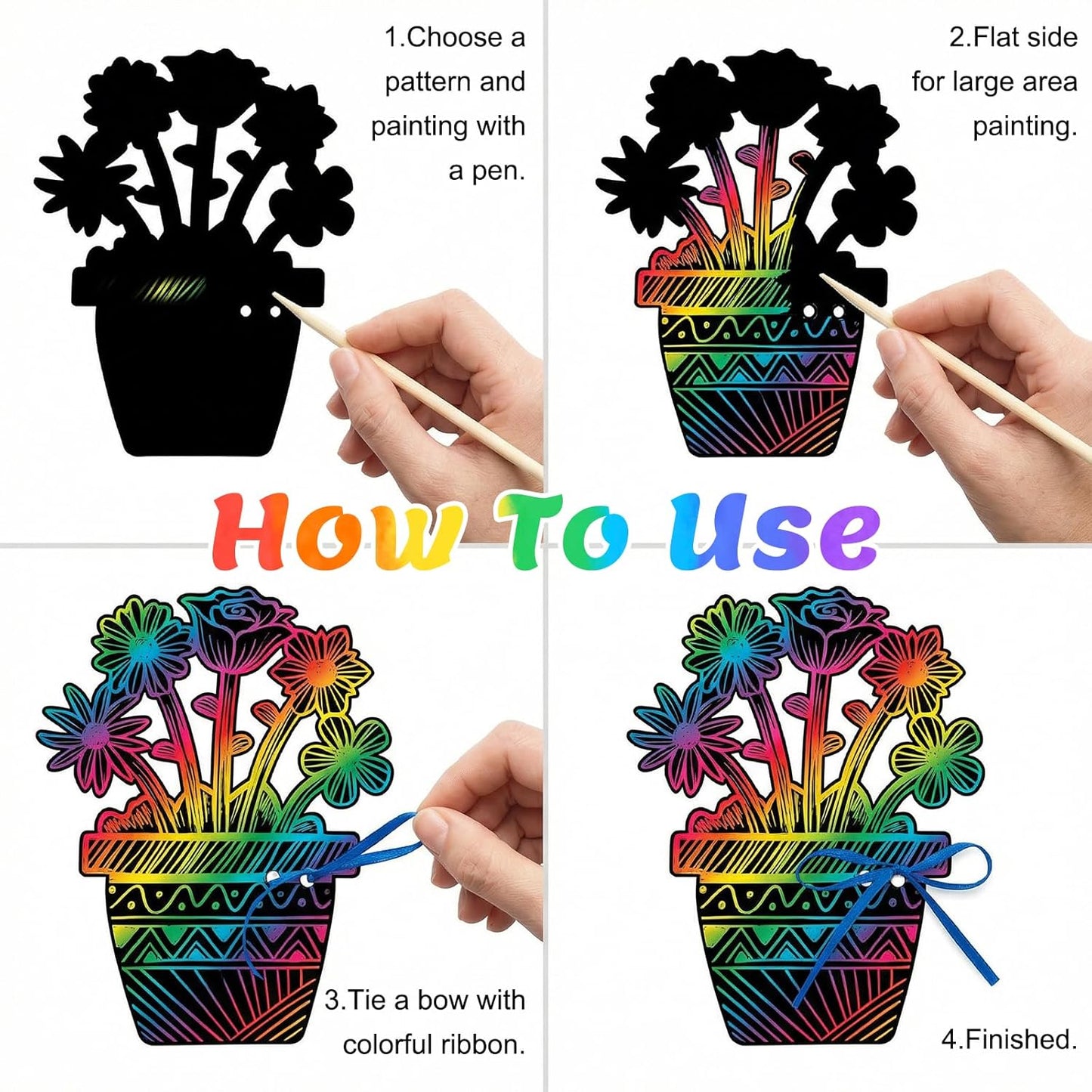 Dhthdrh 60 Pcs Flower Scratch Cards Craft Graduation Mothers Day Flower Pot Scratch Cards DIY Magic Rainbow Paper Craft Art DIY Hanging Art Kit Drawing Coloring Sheet for Men Women Teacher