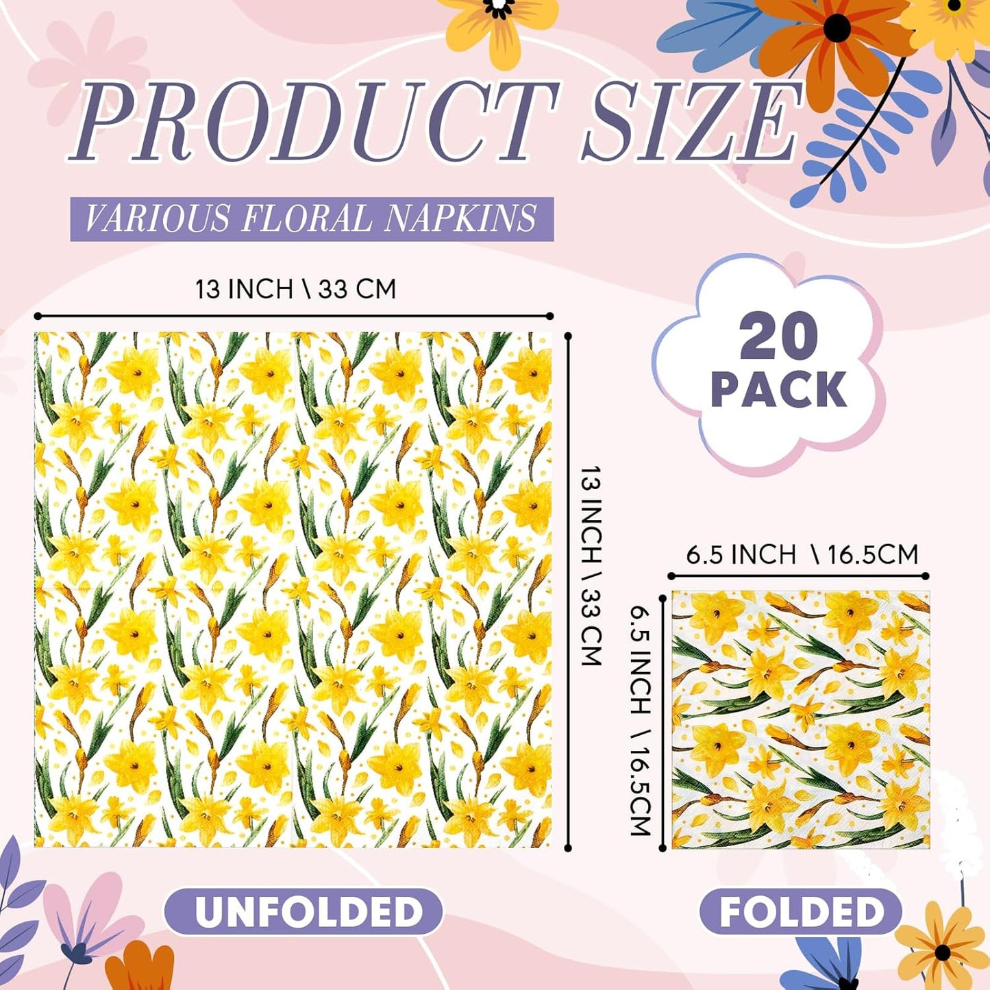 Crtiin 20 Pack Decoupage Napkins Floral Napkins Flower Cocktail Paper Decorative Toilet for Valentine's Day Birthday Party Beautiful Gorgeous, 20 Styles Each 6.5 Inches(Style 1)