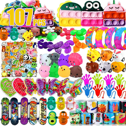 Dilycery 107 PCS Party Favors Toys, Treasure Box Toys for Classroom, Pop Fidget Toys Treasure Chest for Kids Prizes Classroom, Bulk Pinata Stuffers Goodie Bag Fillers for Kids 4-8