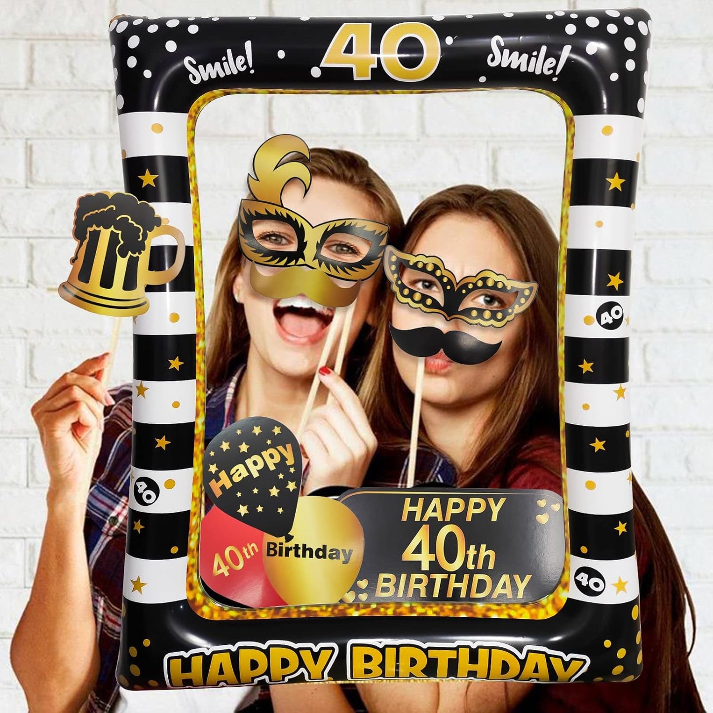 40th Birthday Photo Booth Props, LMSHOWOWO Inflatable Photo Booth Frame, Giant Black Gold Inflatable Selfie Frame, Birthday Party Photo Props, for Women Men Birthday Party Decorations, Random Style