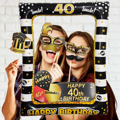 40th Birthday Photo Booth Props, LMSHOWOWO Inflatable Photo Booth Frame, Giant Black Gold Inflatable Selfie Frame, Birthday Party Photo Props, for Women Men Birthday Party Decorations, Random Style