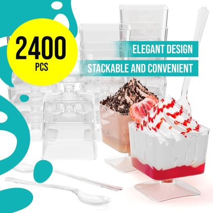 Exquisite Mini Dessert Cups With Spoons 200 Pcs - 2 Oz Square Clear Plastic Pudding Cups Disposable With Tasting Spoons 100 Sets | Mini Parfait Cup | Appetizer Cup For Party & Events