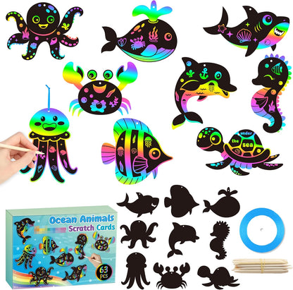 CY2SIDE Summer Ocean Animals Scratch Cards - 63PCS DIY Under The Sea Magic Art Color Scratch Card Craft Kit for Kids Dolphin Magic Rainbow Art for Kids Summer Birthday Party Favor School Activity