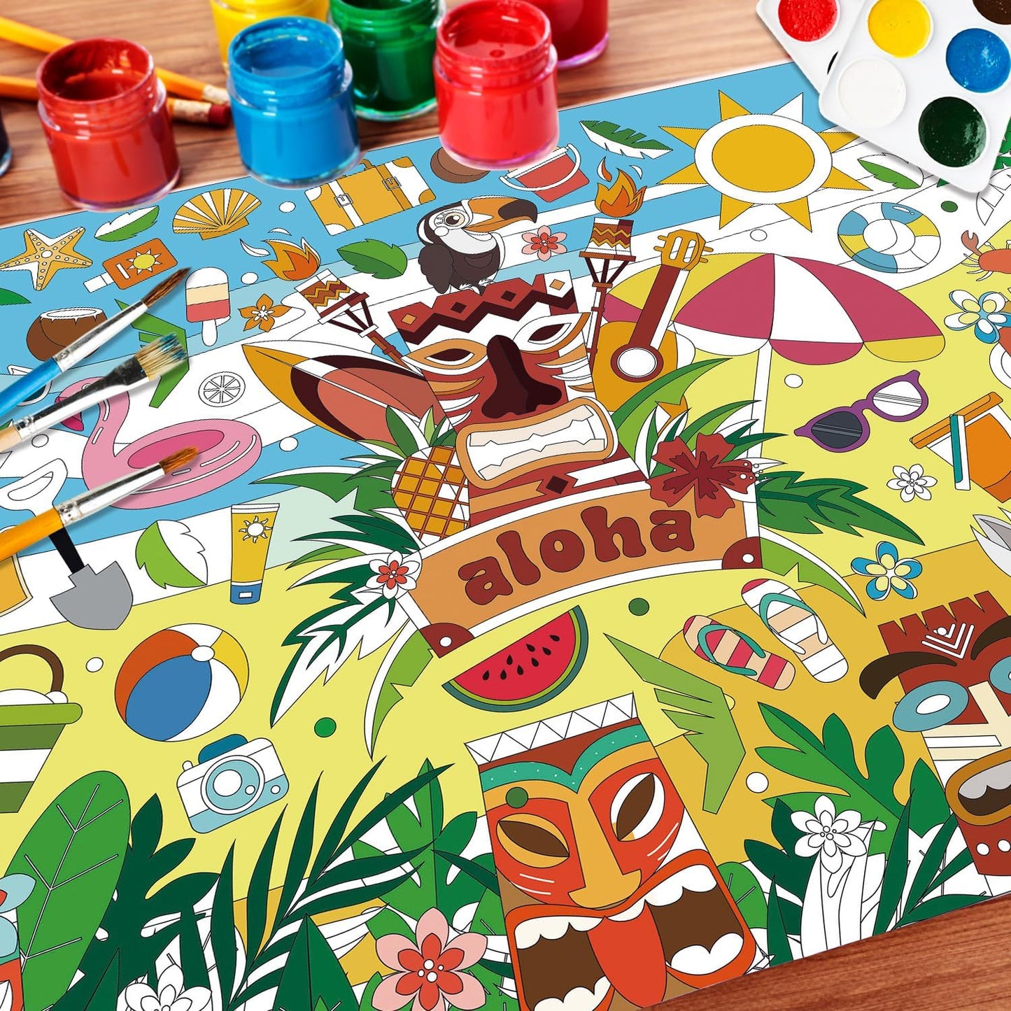 43.3x31.5 Summer Coloring Poster with Picture, Giant Cute Painting Poster, Large Coloring Tablecloth for Classroom Home Birthday Party Supplies Favor