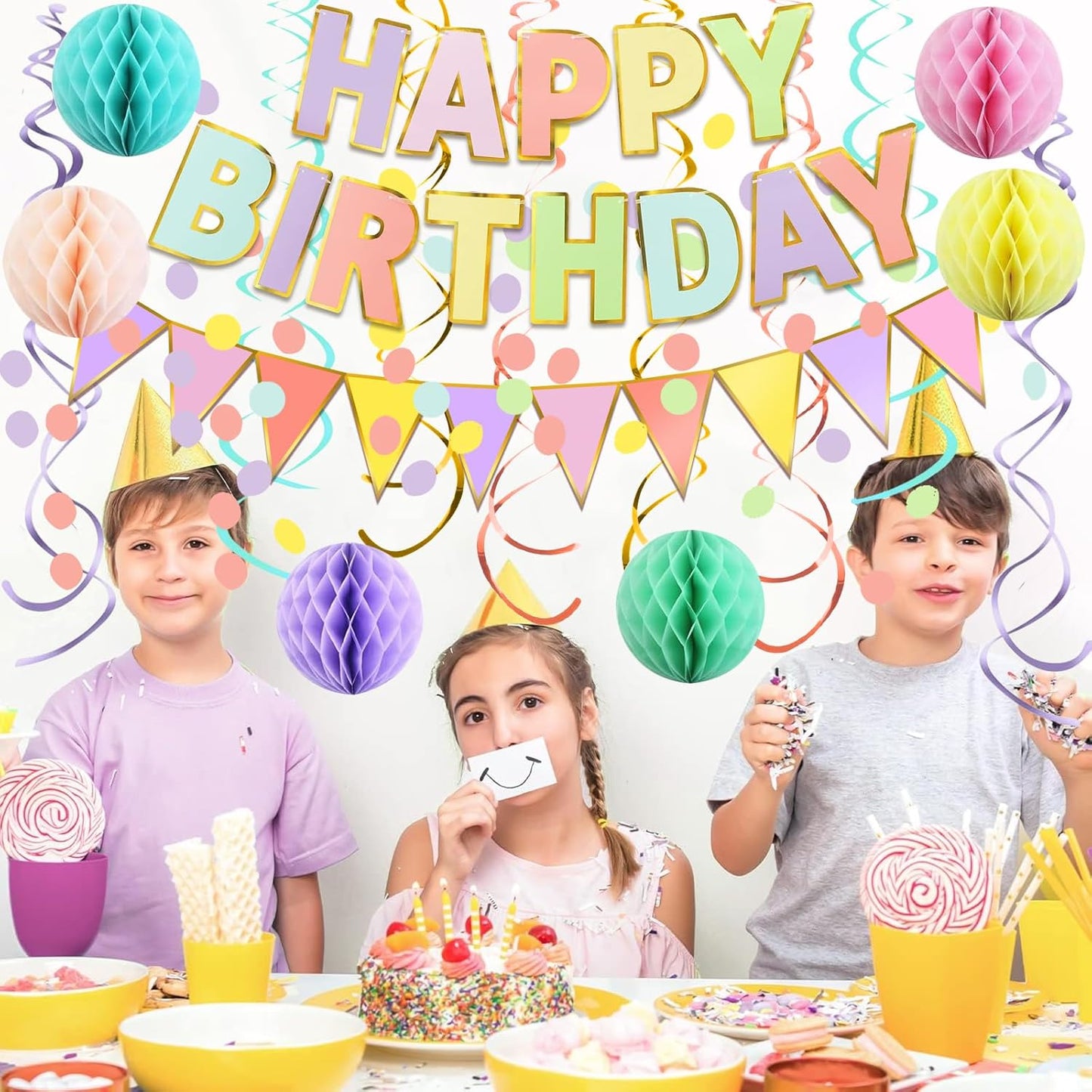 Fecedy Happy Birthday Banner With Colorful Paper Flag Bunting Paper Circle Confetti Garland Swirl Streamers Honeycomb ball for Birthday Party Decorations