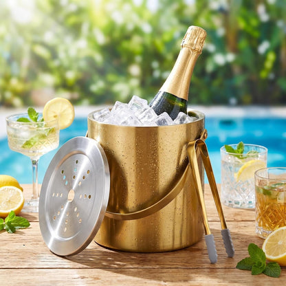 Gold Ice Bucket with Lid, Handle and Tong Insulated Stainless Steel Champagne Bucket 3L Wine Bucket for Party Bar Cart Accessories Large Double Wall Bucket Keep Frozen