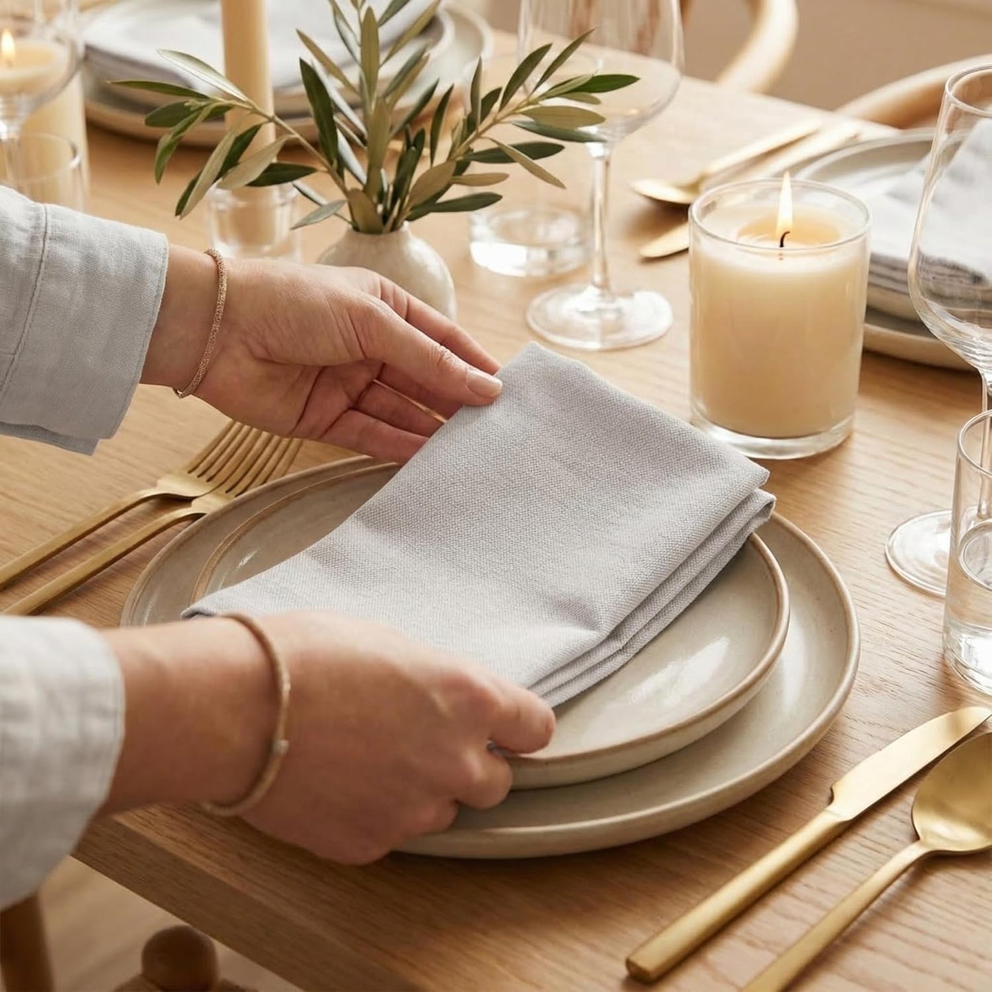 ACCENTHOME Natural Cotton Linen Napkin Set of 12 18x18 inch Dinner Napkins - Washable Soft Premium Hotel Quality Reusable Hemmed Edges Napkins Perfect Table Linens for Family Dinners, Weddings