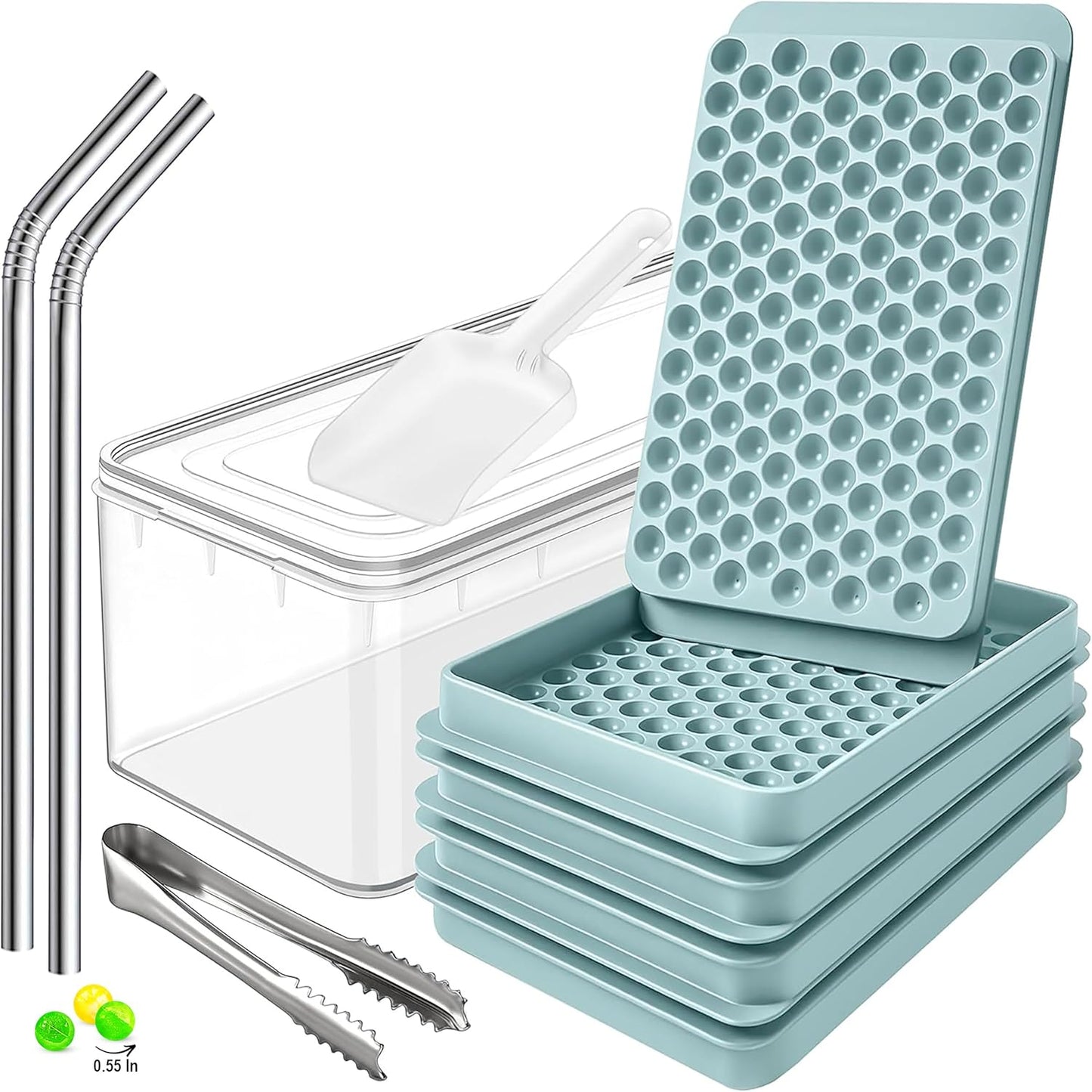 56pcs Ice Cube Tray with Lid and Bin – Stackable 4 Trays Plastic Silicone Freezer Mold, Large Ice Bucket with Scoop, Tong & 2 SS Straws – Easy Release Ice Maker for Cocktail, Coffee, RV, Whiskey